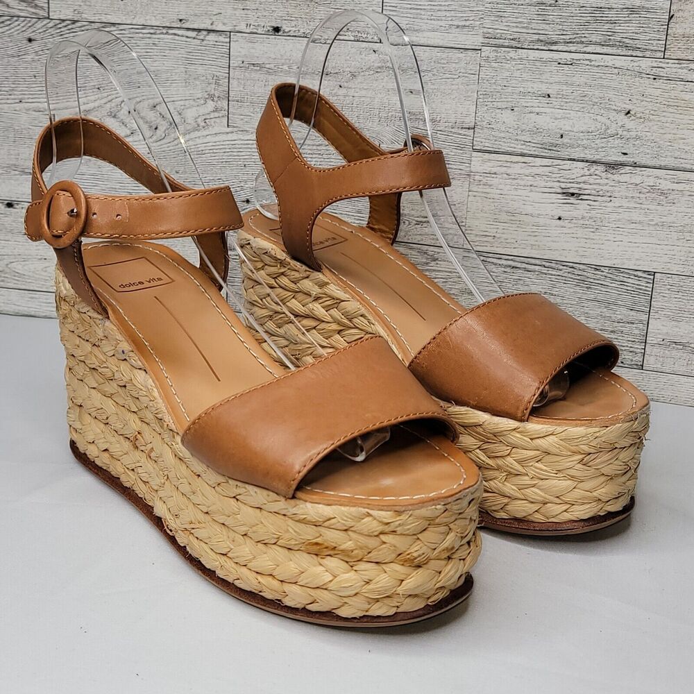 Dolce Vita Sandals Size 8.5M Leather Buckle 3.5" Espadrille Wedge Brown Shoe